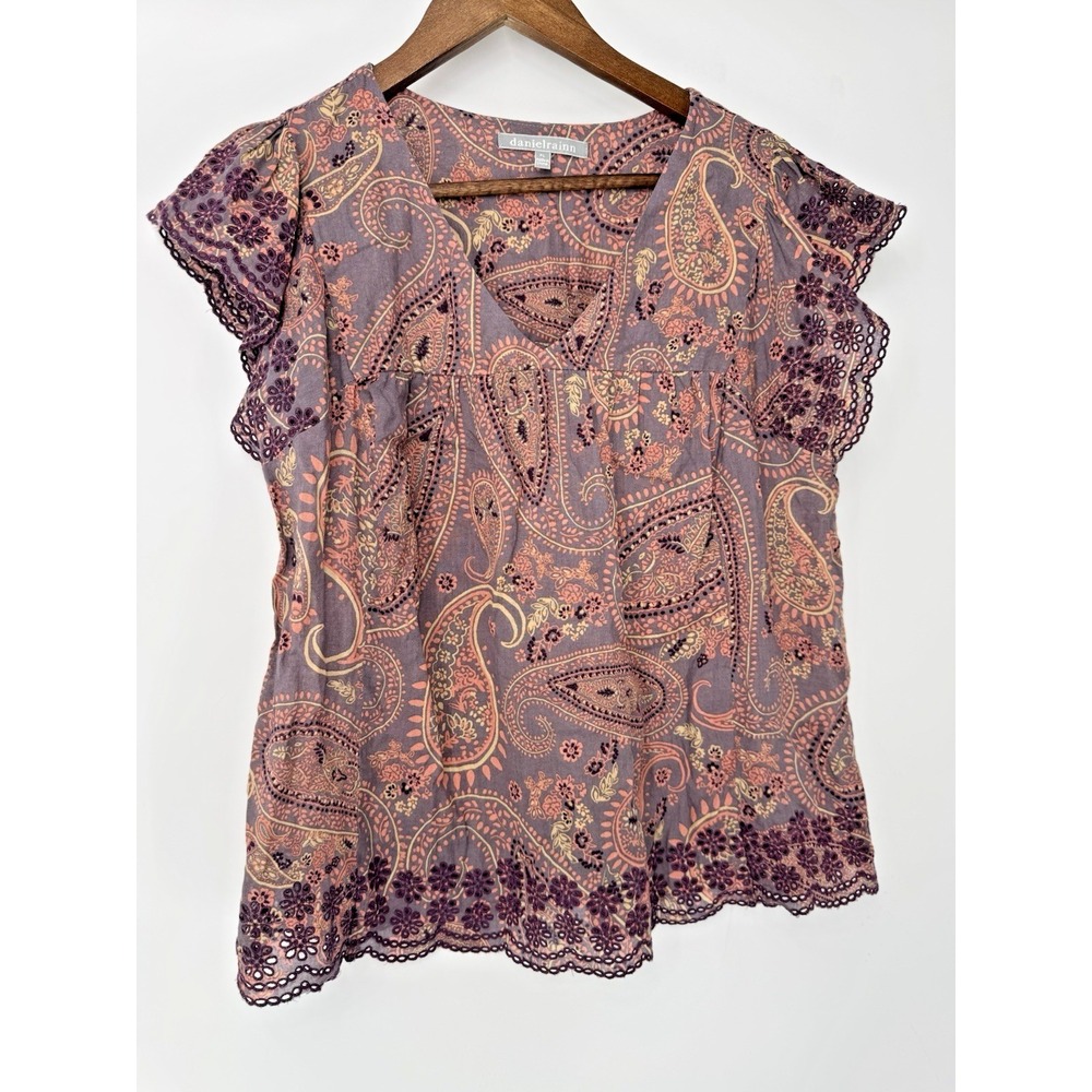 Daniel Rainn Embroidered Trim V Neck Blouse Eyelet Paisley purple festival Boho
